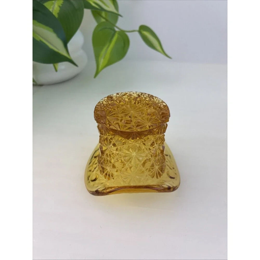 Top Hat Daisy Button Amber Glass Votive Candle Holder Toothpick Holder Vintage